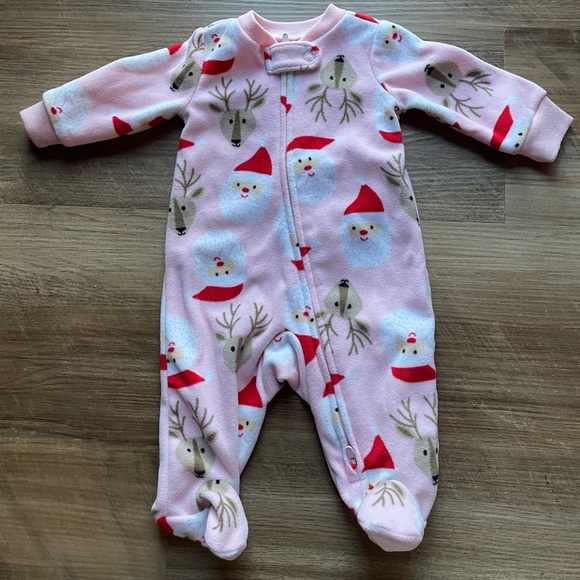Christmas bundle newborn fleece footie pajamas & jumper dress EUC reindeer Santa - Picture 2 of 5